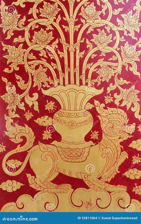 Thai Art Red Gold Wall Paint Stock Photo - Image of gold, asia: 53811064