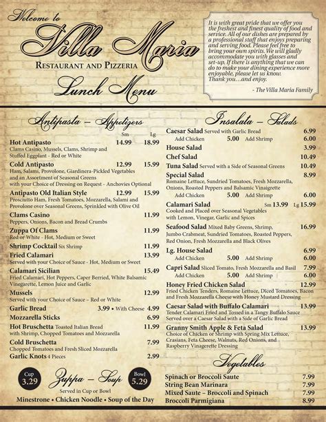 Menu - Villa Maria Restaurant and Pizzeria