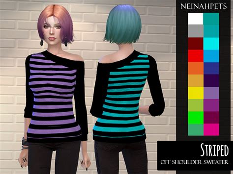 The Sims Resource - Off Shoulder Striped Sweater