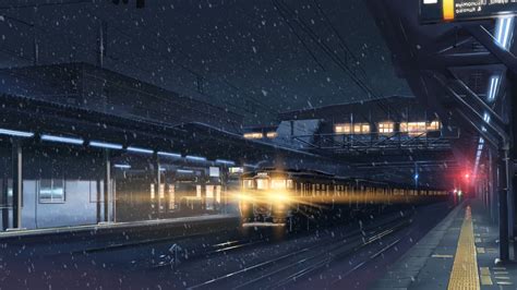 anime, Winter, Lights, Train Station, Train, Snow, Night, 5 Centimeters ...