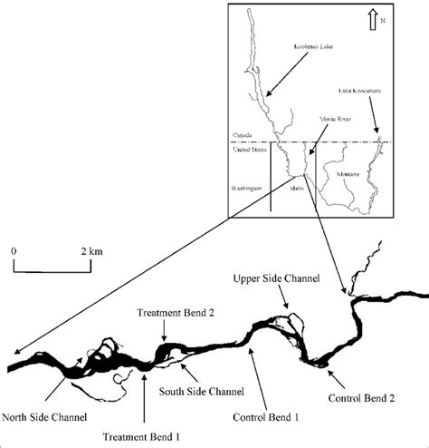 Map of the Idaho portion of the Kootenai River. The braided section is... | Download Scientific ...