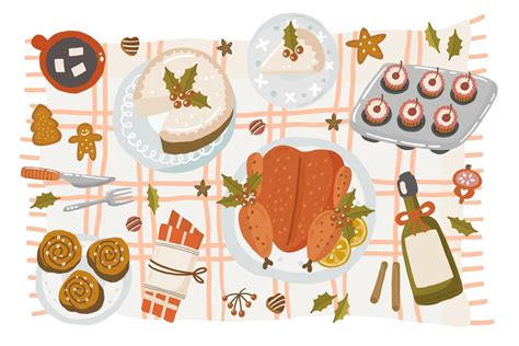 Illustration vector flat cartoon of food on happy Christmas menu on ...