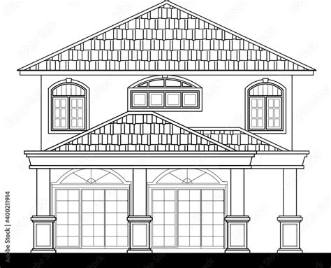 Two-storey terraced house in 2D black and white CAD drawing. Stock Vector | Adobe Stock