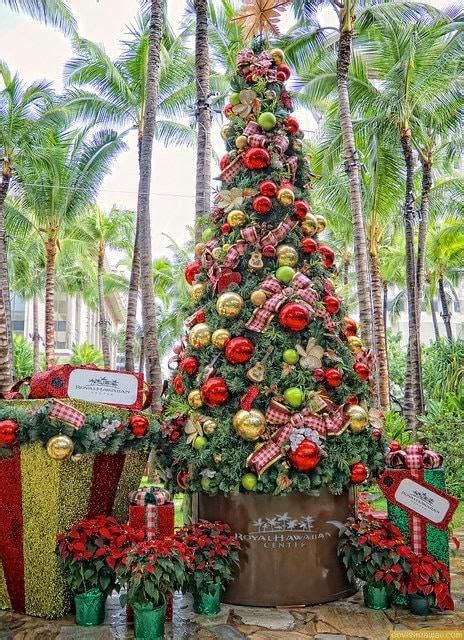 a christmas tree is decorated with red and gold ornaments in front of some palm trees