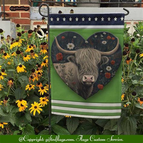 Floral Highland Cow Art Valentine’s Day Farm Cow Lover Garden Flag, House Flag, Home Decor ...