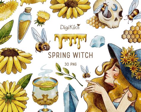 Spring Witch Watercolor Clipart, Hand Painted Spring Clip Art, Stickers ...