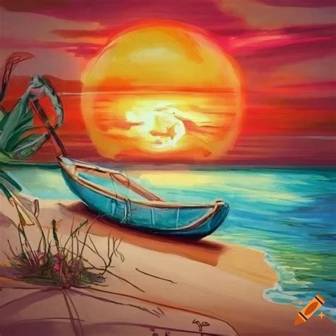 Color pencil drawings of a sunset beach with a canoe on Craiyon