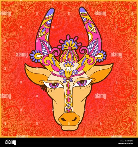 line decorative drawing of indian cow head, floral stylized Stock ...