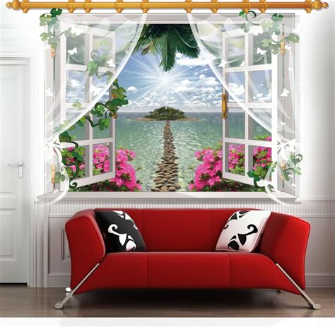 Fake Window Wall Stickers Removable PVC 3D Open the Window Sea View Home Decor Wall Papers ...