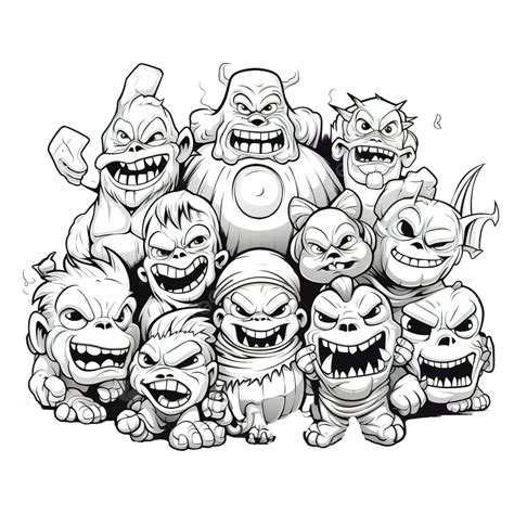 Cartoon Halloween Or Fantasy Scary Comic Characters Group Coloring Book Page, Car Drawing ...