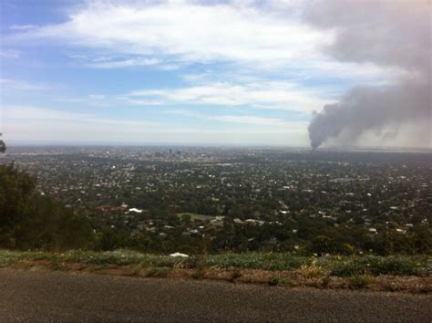 Adelaide skyline with Wingfield oil fire : Adelaide