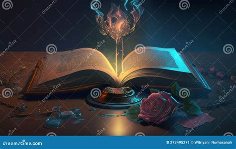 Fantasy Magic Dark Background with a Magic Rose and an Old Book Stock ...