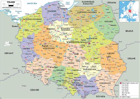 Map of Poland and surrounding countries - Printable map of Poland (Eastern Europe - Europe)