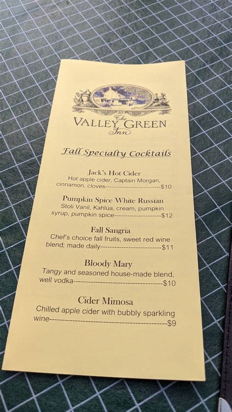 Menu at Valley Green Inn restaurant, Philadelphia