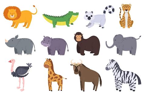 Premium Vector | Set of african safari animals lion crocodile lemur and ...