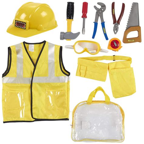 10 Pieces Construction Worker Costume Set with Hat, Tools, Vest for ...