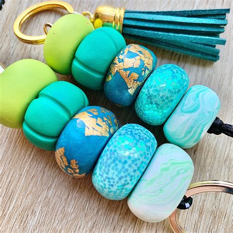 Beaded Keychain Blue Green Teal Turquoise Keyring Modern - Etsy Canada | Polymer clay beads diy ...