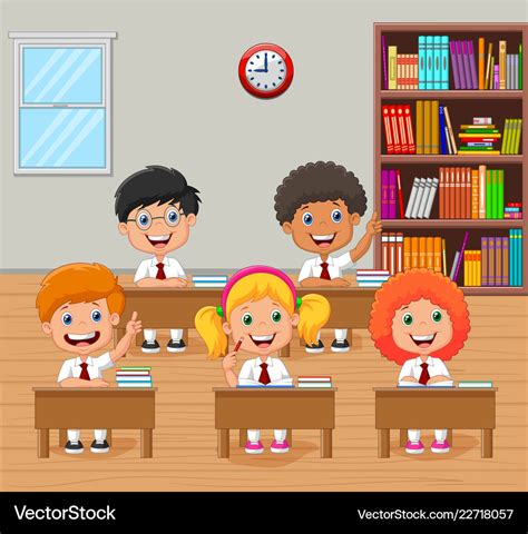 Cartoon school kids raising hand in classroom Vector Image