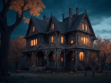 Premium AI Image | Realistic old house Halloween with pumpkin at night