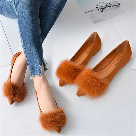 Luxury designer mink hair pointed toe creepers flats shoes high quality ...