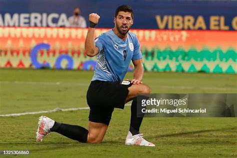 Luis Suarez of Uruguay celebrates the first goal of his team scored ...