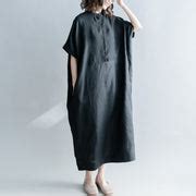 Fine black silk linen dresses oversize Stand baggy dresses caftans casual short sleeve patchwork ...