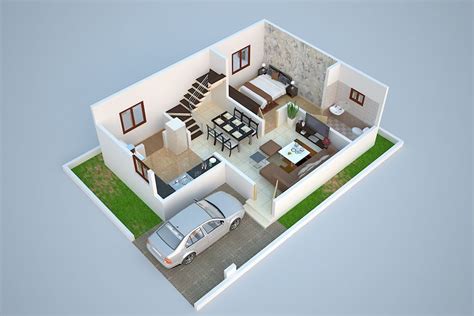 3D Ground Floor Plan Design of Duplex (1280 Sq. Ft.) Ground Floor Plan ...