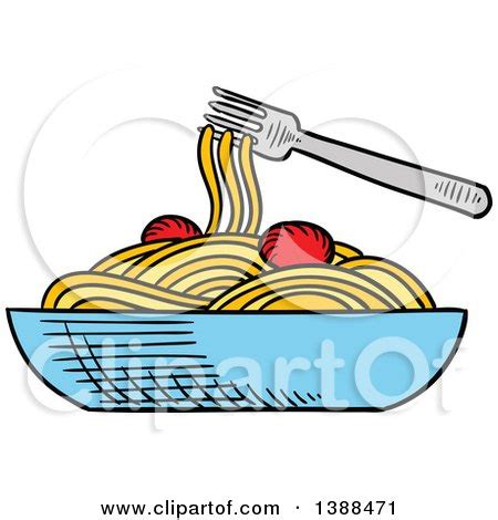 Clipart of a Black and White Sketched Bowl of Spaghetti and Basil ...