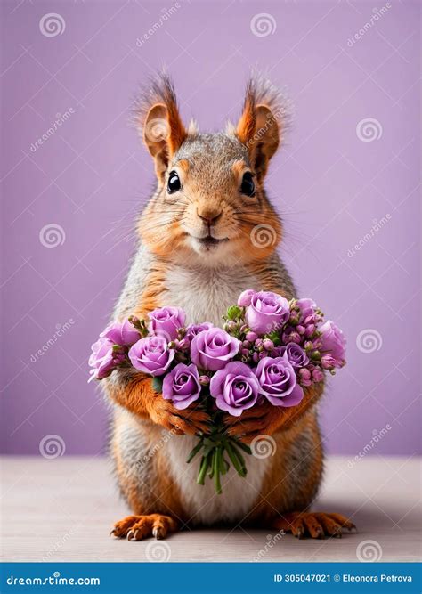 Funny Squirrel with a Bouquet of Flowers on a Light Lilac Background. Stock Illustration ...