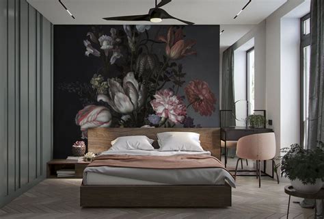 Dark Floral Wall Mural. Romantic Rose Wall Decoration. Vintage Floral Dark Wallpaper. #interiors ...