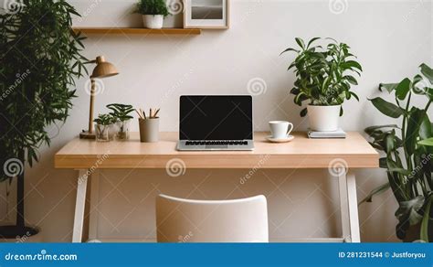 Minimalist Workspace Interior with Free Desk, Single Laptop, and Potted Plant. Generative Ai ...