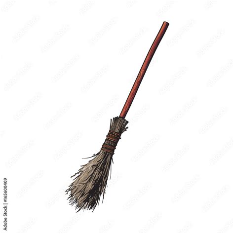 Single old twig broom, broomstick, traditional Halloween symbol, sketch ...