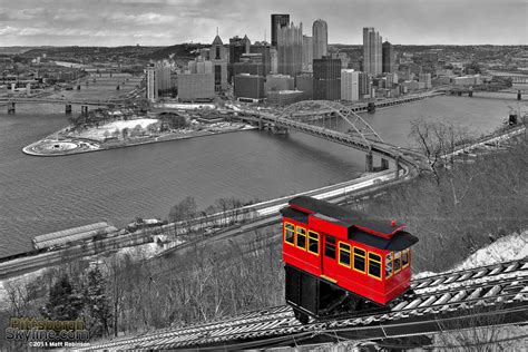 Black and White Pittsburgh Skyline with red Duquesne Incline ...