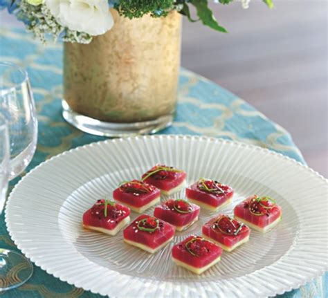 Poki style ahi tuna on a cucumber square with tobiko caviar and soy ginger glaze | Food, Tuna ...