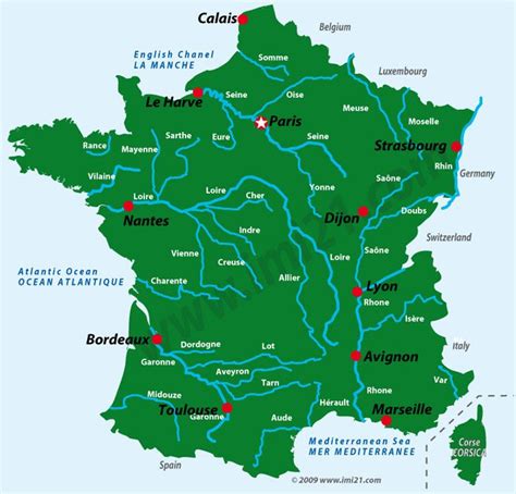 Simple Physical Map of France | map showing the main rivers which flow ...