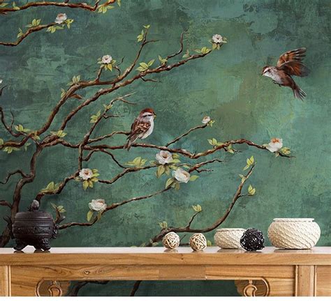 Vintage donkere vogels en bloemen behang, natuur muur muurschildering, bloemen kunst aan de muur ...