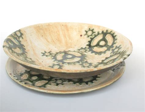 Handmade Ceramic Serving Bowl and Platter Set with Gears