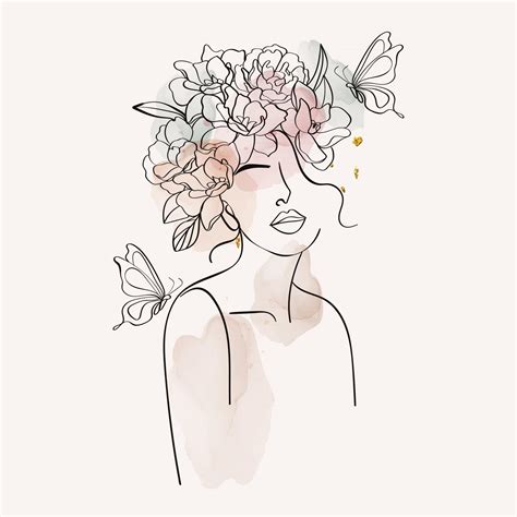 Women and flowers line art. Girl with flowers and leaves one line vector drawing. Portrait ...