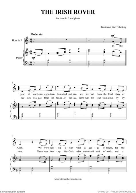 Free The Irish Rover sheet music for horn and piano (PDF)