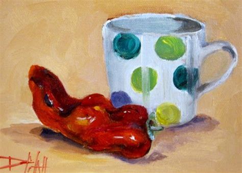 a painting of a coffee cup with a hot dog on it and a painted mug