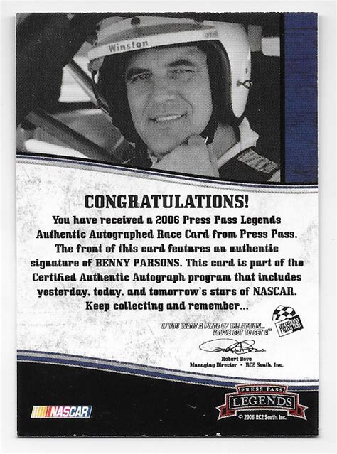 Benny Parsons NASCAR 2006 Press Pass Legends auto /650 Black white ...