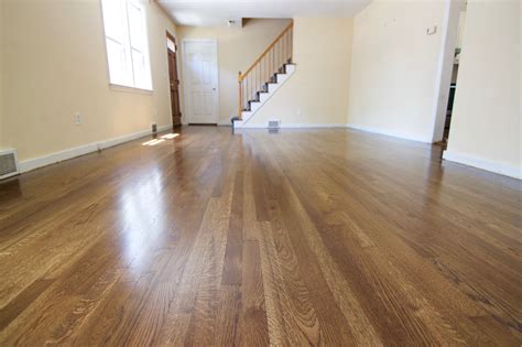 White oak hardwood flooring, stained with Bona "Medium Brown" Dri-fast stain. Top coated with ...