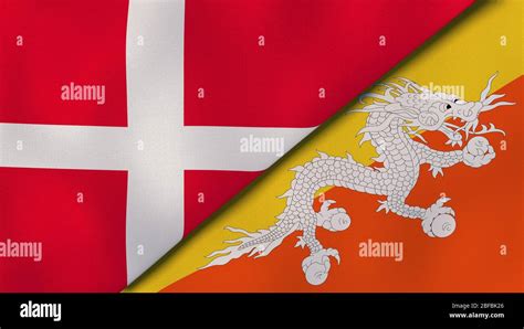 Two states flags of Denmark and Bhutan. High quality business background. 3d illustration Stock ...