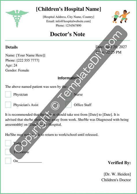 Children's Hospital Doctors Note Template Printable PDF Word