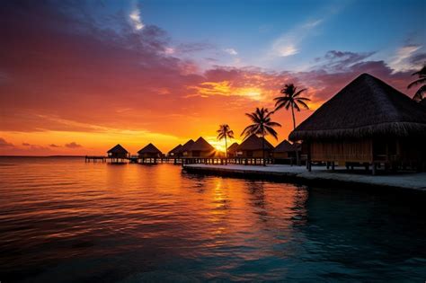 Premium AI Image | Stunning Maldives Sunset with Overwater Bungalows