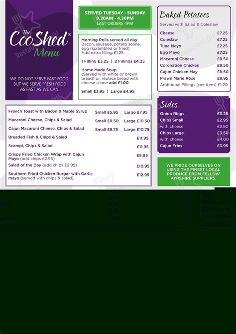 Menu at The Coo Shed cafe, Ayr