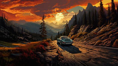 Car Road Forest Sunset Mountain 4K #8781m Wallpaper iPhone Phone