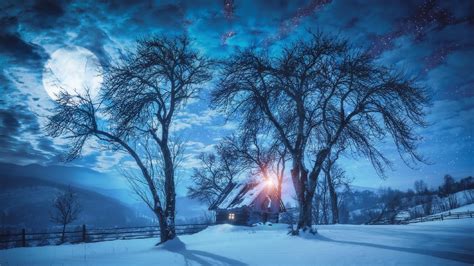 Full Moon over Snowy Landscape - Image Abyss