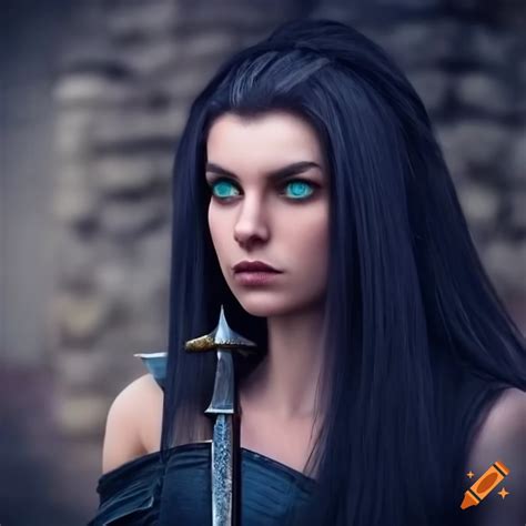 Woman with dark hair and blue eyes holding a sword in front of a castle ...