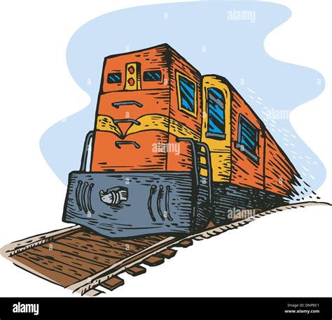 illustration of a diesel train locomotive coming up on railroad done in ...